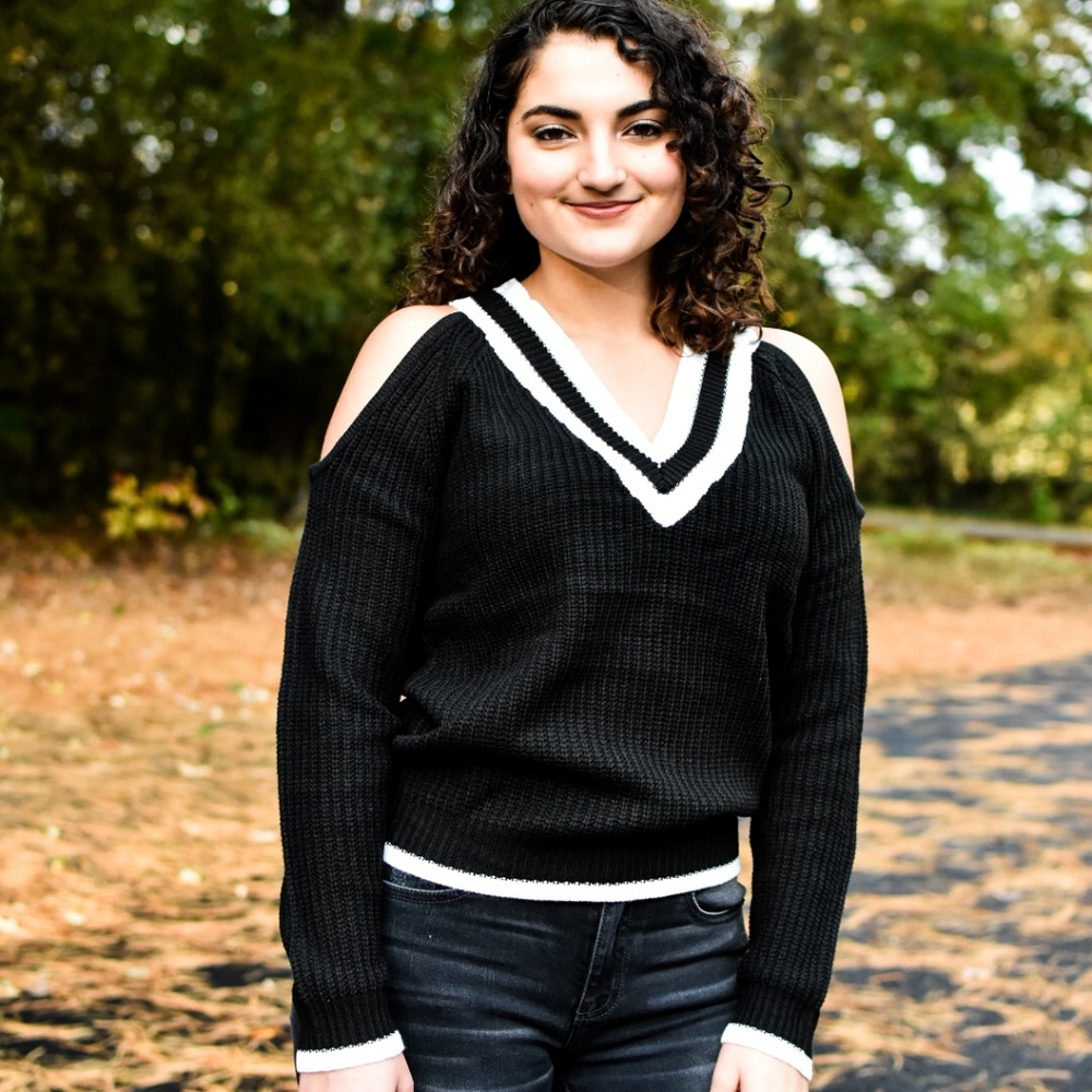 VARSITY VIBES STRIPED V NECK SWEATER (BLACK) - Picture 7 of 8